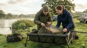 An angler carefully adjusting a carp inside a landing net while positioned over a protective mat.