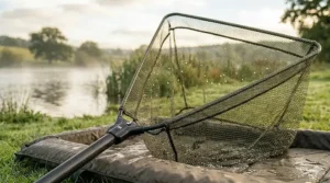 An angler supporting a carp within a deep-mesh landing net, showcasing sturdy net construction.
