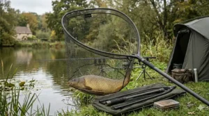 A two-piece telescopic landing net handle showing the locking mechanism for adjustable reach.