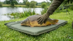 An angler carefully attending to a carp on a well-cushioned, fish-friendly unhooking mat.