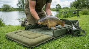 A versatile unhooking mat setup that includes a dedicated kneeling pad for angler comfort during fish care.