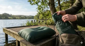 A waterproof and easy-to-clean material on a high-quality fishing pillow, essential for damp British weather conditions.
