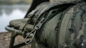 The durable, water-resistant outer fabric of a 3-season sleeping bag set up by a UK lake.