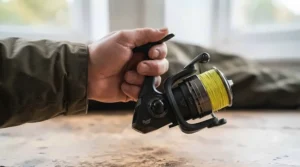 An angler holding a lightweight pike reel ready for a day on the reservoir.