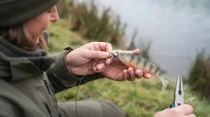 Close-up of a wire trace being attached to a soft plastic lure to prevent bite-offs from sharp pike teeth