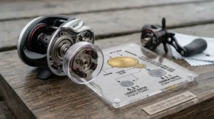 An exploded view of the internal gearing of a baitcasting reel, with an acrylic diagram illustrating the difference between gear ratios for power versus speed retrieval.