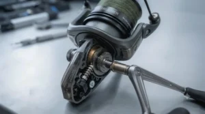 A fully rigged Baitrunner reel secured to a 12ft test curve pike rod, ready for the bank.