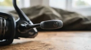 Ergonomic rubber handle grip on a budget-friendly baitrunner reel for pike.