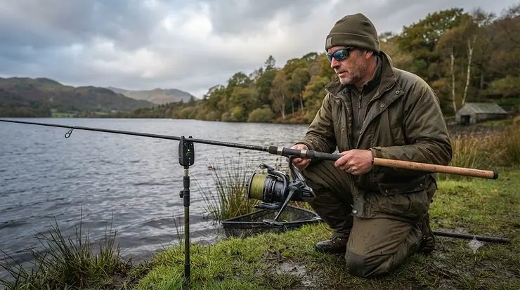 Professional photography of a high-spec Baitrunner fishing reel mounted on a pike rod, set against a natural, blurred British lakeside background. Best Baitrunner Reel for Pike