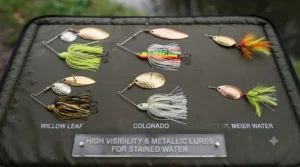 Comparison chart showing bright gold and chartreuse lures for coloured or stained UK water conditions.