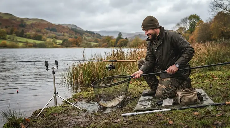 A professional action photograph capturing a British angler on an overcast autumn day, kneeling by the bank to net a landed pike. The scene features a complete setup with a deadbait rod on a stainless steel buzzer bar, an unhooking mat, and a landing net. Pike Deadbait Rod Under £100