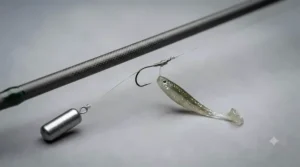 Lightweight spinning reel attached to a perch fishing rod spooled with fluorocarbon line.