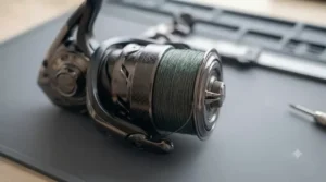 Close-up of a braid-ready spool on a high-performance pike fishing reel.