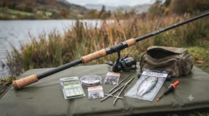 A flat-lay overview of essential, affordable predator fishing tackle laid out on an unhooking mat, including the featured rod, wire traces, trebles, and deadbaits.