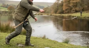 An angler casting a large deadbait and wire trace setup from the bank of a British river during the autumn pike season.