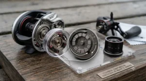 A magnified comparison of centrifugal and magnetic braking systems on a disassembled multiplier reel, showing adjustable weights and magnets.