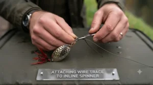 Diagram showing how to correctly attach a wire trace to an inline spinner for predator fishing.
