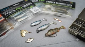 Step-by-step setup of a drop-shot rig paired with a specialist perch fishing rod.