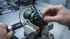 Ergonomic power handle on a rugged Baitrunner reel designed for playing large predatory pike.