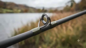 A close-up macro view of the robust, braid-friendly rod rings (guides) with ceramic liners, whippped securely to the matte carbon blank of the pike rod.