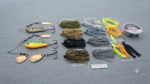 Assorted bright and natural coloured spinnerbaits for murky water.