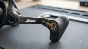 Angler's hand using the ergonomic handle grip on a balanced pike fishing reel.