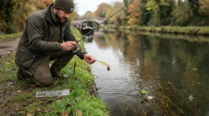 Angler demonstrating a slow-rolled retrieve technique for spinnerbaits in murky UK water.