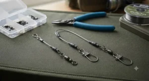 Quality rolling swivels, quick-change links, and strong snap tackles attached to heavy wire traces for safe pike lure fishing.