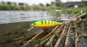 A bright, fluorescent-coloured lure being retrieved near reed beds, designed to grab the attention of predatory pike.