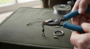 Step-by-step demonstration of using dual-barrel crimps and crimping pliers to secure a clean loop on a wire trace.