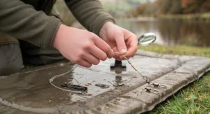 Step-by-step setup showing crimps, swivels, and strong snaps attached to a high-visibility wire trace for predator fishing.