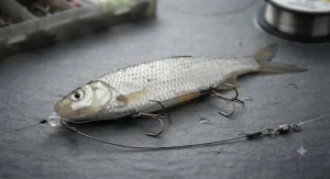 Step-by-step illustration of mounting a sea deadbait securely using a two-treble trace.