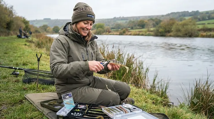 Angler rigging a soft plastic lure on a wire trace for pike fishing in a UK freshwater lake How to Rig Soft Plastics for Pike