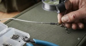 An angler closely inspecting a wire trace for kinks and abrasions after landing a pike to ensure it is safe for the next cast.