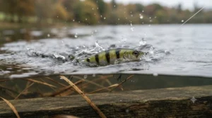 Illustration of a jerkbait’s erratic darting action in shallow pike habitats.