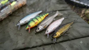 A high-definition macro shot of five distinct suspending jerkbaits laid out in a fan pattern on a textured unhooking mat, showing various natural and bright British colour patterns like Perch and Roach.