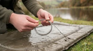 A titanium wire trace springing back to its original shape after being bent, demonstrating its durability for heavy pike fishing.