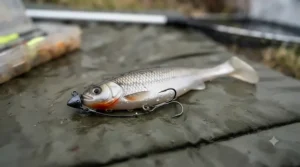 A close-up studio photograph displaying a detailed, natural-coloured soft plastic shad lure rigged with a dark jig head, lying on a worn, damp olive-green unhooking mat.