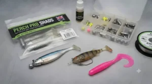 Angler safely unhooking a large striped perch caught using a specialist light lure rod.