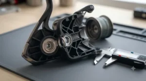Lightweight carbon-reinforced composite body of a professional pike fishing reel.