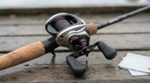 A detailed close-up of a modern, low-profile multiplier reel designed for comfortable pike fishing in UK waters, mounted on a carbon rod.