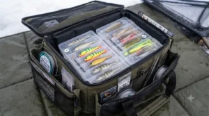 An organized view inside an open, heavy-duty olive canvas lure fishing tackle bag, revealing multiple clear boxes filled with a versatile range of winter pike lures and terminal tackle components.