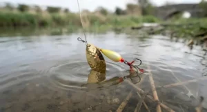 A reflective gold and silver spinner lure, chosen for its high-vibration flash in murky, fast-flowing UK river waters.