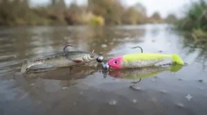 Comparison of natural roach-imitation lures and bright chartreuse lures for pike fishing in murky river water.