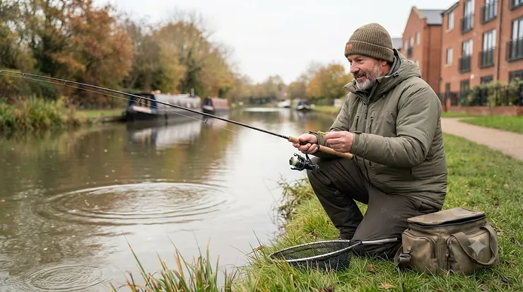 Angler holding a sensitive perch fishing rod by a UK canal, ready for drop-shotting. Perch Fishing Rod