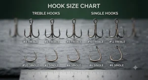 Comparison chart showing UK pike deadbait treble hook sizes from size 6 to size 2.