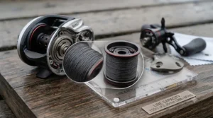A close-up view of a deep spool on a baitcasting reel, perfectly wound with dark braided fishing line, illustrating optimum capacity for pike.