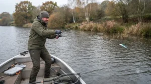 Angler using a jerkbait for pike fishing on a calm British lake.