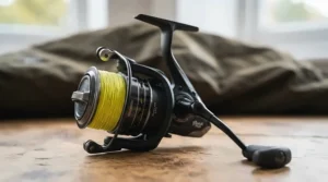 Side profile of a black fixed-spool fishing reel showing the drag adjustment knob.