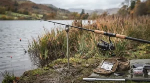 A complete bankside setup featuring the budget-friendly pike deadbait rod resting on a bankstick with an electronic bite alarm, positioned ready for fishing.